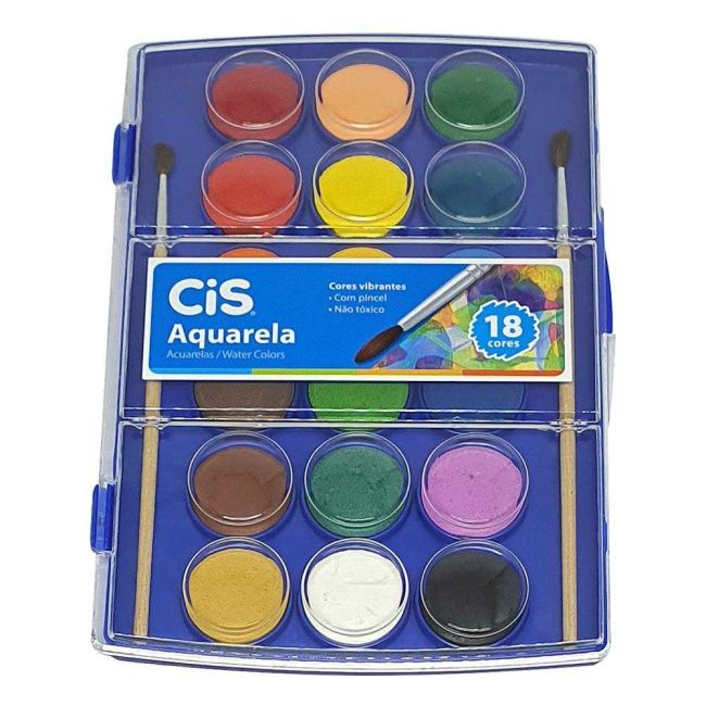 Aquarela Estojo Pastilha 18 Cores 2 Pincel Cis