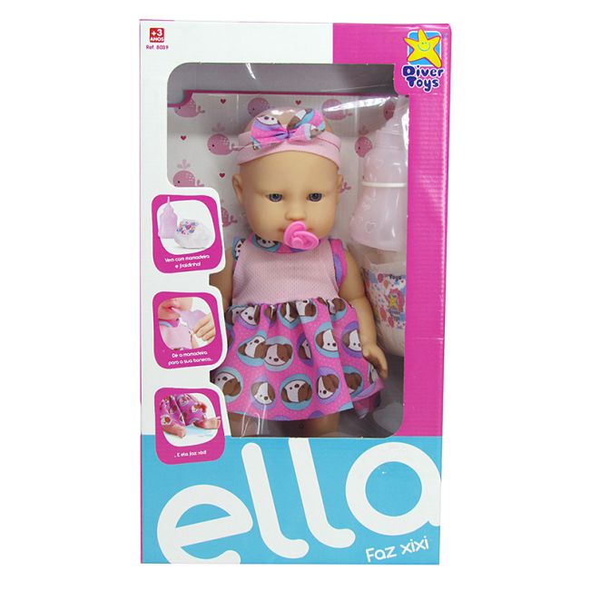 Boneca Infantil Ella Faz Xixi 40cm Com Acessórios Divertoys
