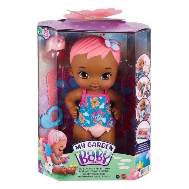 Boneca My Garden Baby Borboleta Faz Xixi Negra Cabelo Rosa Mattel