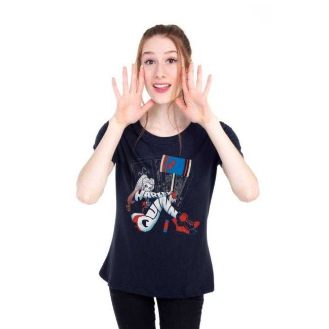 Camiseta Arlequina Cartas Dc Comics Baby Look Preta G Piticas