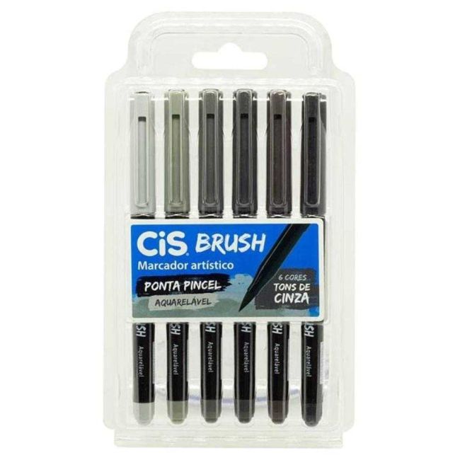 Caneta Brush Pen Cis Pincel Aquarelável 6 Cores Tons Cinza