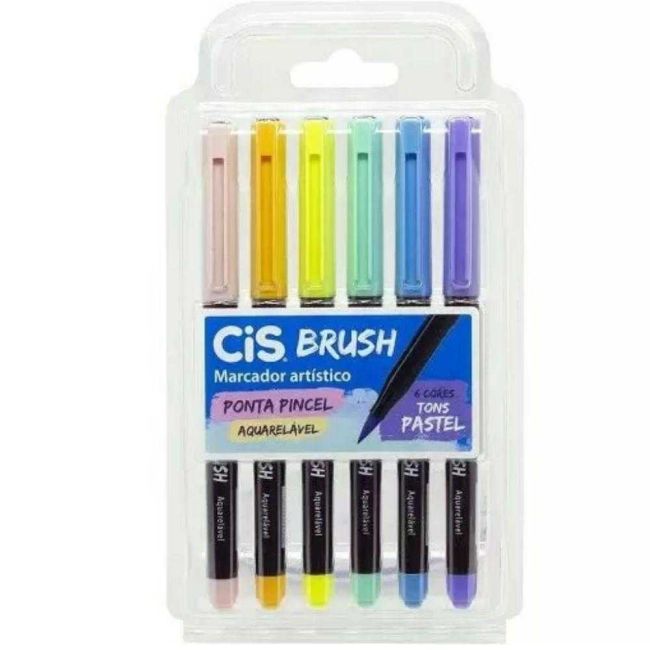 Caneta Brush Pen Cis Pincel Aquarelável 6 Cores Tons Pastel
