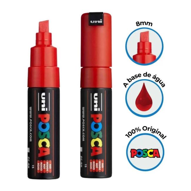 Caneta Posca Pc-8K Ponta Chanfrada 8mm Vermelho 15 Uni-ball