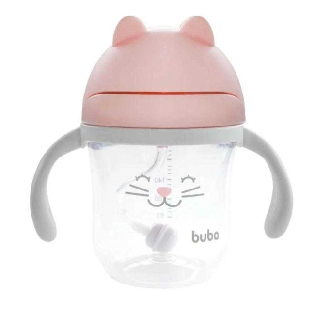 Copo com Alça e Canudo Gatinho Rosa Buba
