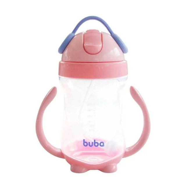 Copo Infantil com Alça e Canudo 300ml Rosa Buba