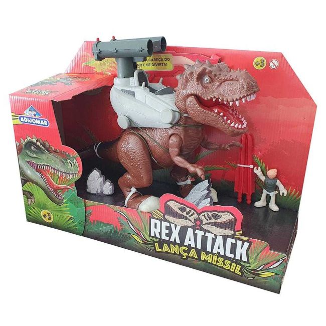 Dinossauro Rex Attack com Som e luz Lança Míssil Marrom Adijomar