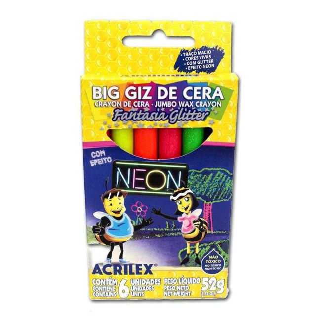 Giz de Cera Big Neon Glitter Jumbo 6 cores Acrilex