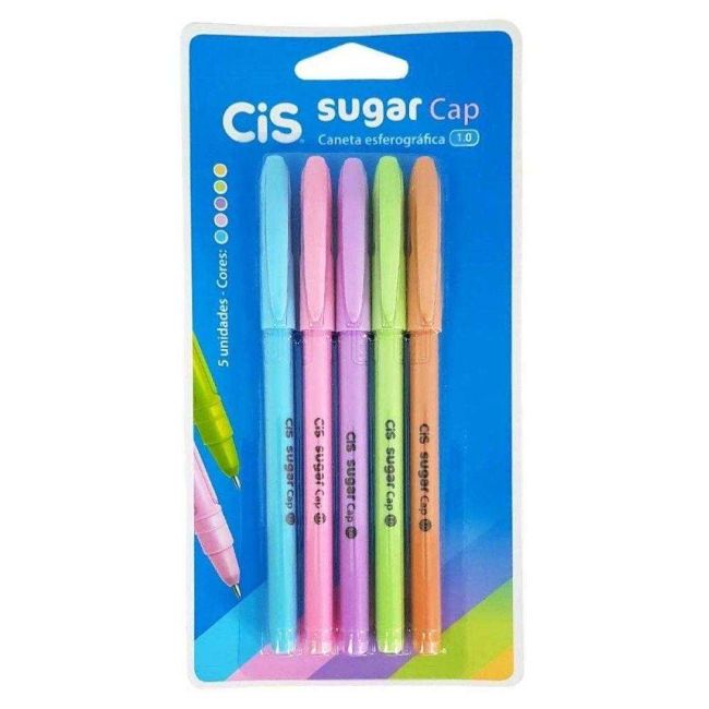 Kit com 5 Canetas Esferográfica Ton Pastel Sugar Cap Cis