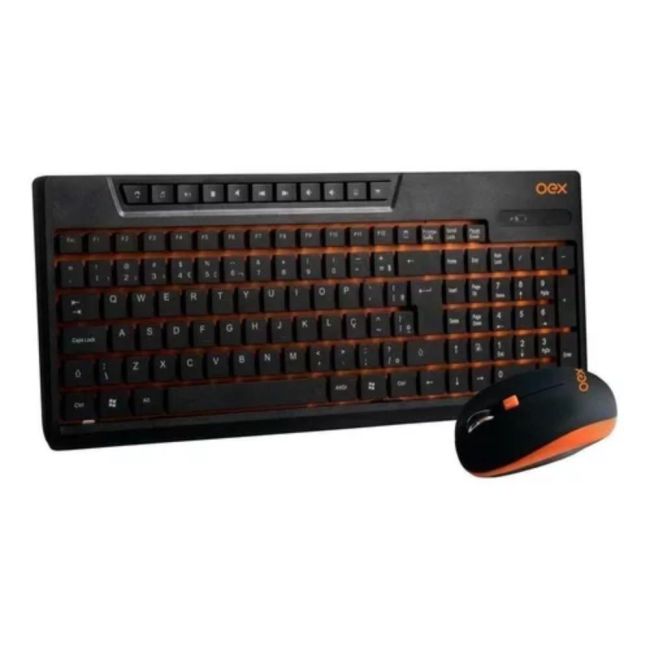 Kit de Teclado e Mouse sem Fio Português Brasil Preto e Laranja Oex