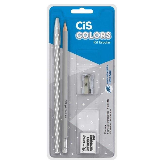 Kit Escolar Cinza Caneta Azul Lápis HB Borracha Apontador Cis