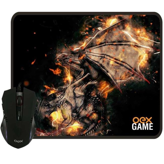 Kit Mouse Óptico e Mousepad para Jogos 2400 Dpi USB Preto Oex Game