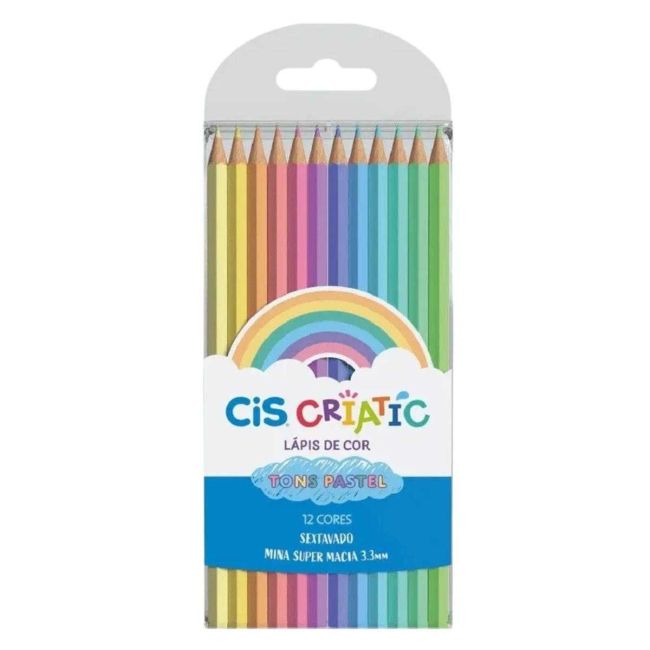 Lápis de Cor 12 Cores Pastel Sextavado Mina Super Macia Cis