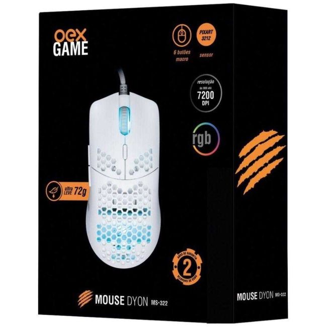 Mouse Gamer Dyon-X 7 Botões Macro Rgb 6200 Dpi Cabo Trançado USB Branco Oex Game