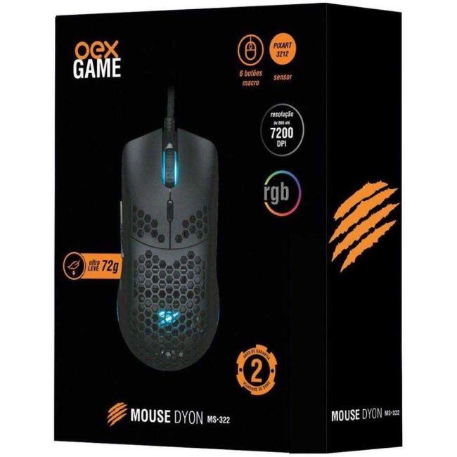 Mouse Gamer Dyon-X 7 Botões Macro Rgb 6200 Dpi Cabo Trançado USB Preto Oex Game