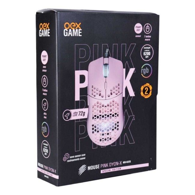 Mouse Gamer Dyon-X 7 Botões Macro Rgb 6200 Dpi Cabo Trançado USB Rosa Oex Game