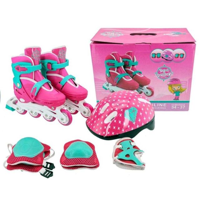 Patins In Line Infantil Ajustável 34 ao 37 Kit Segurança Rosa Unitoys