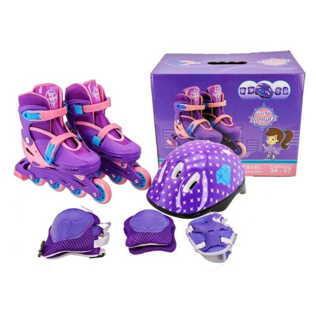 Patins In Line Infantil Ajustável 34 ao 37 Kit Segurança Violeta Unitoys