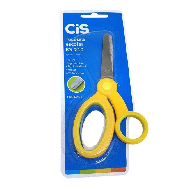 Tesoura Escolar Amarela Ponta Arredondada 13cm Cis