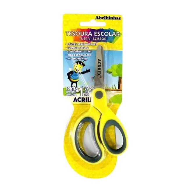 Tesoura Escolar Infantil Inox Sem Ponta 13cm Amarela Acrilex