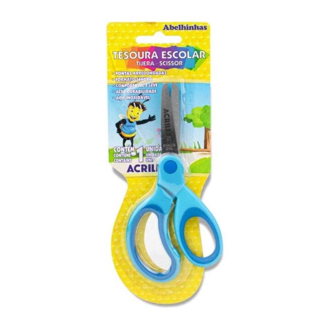 Tesoura Escolar Infantil Inox Sem Ponta 13cm Azul Acrilex