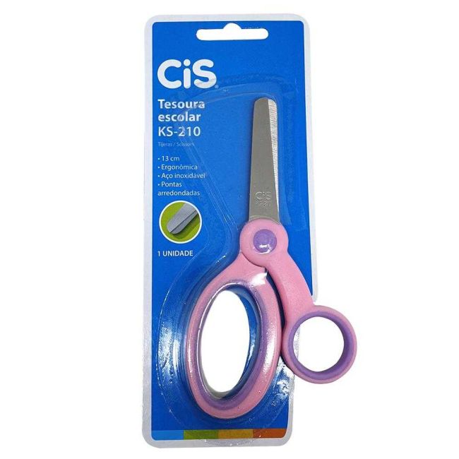 Tesoura Escolar Rosa Ponta Arredondada 13cm Cis