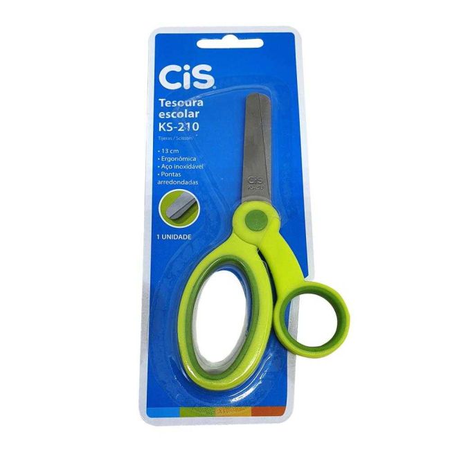 Tesoura Escolar Verde Ponta Arredondada 13cm Cis